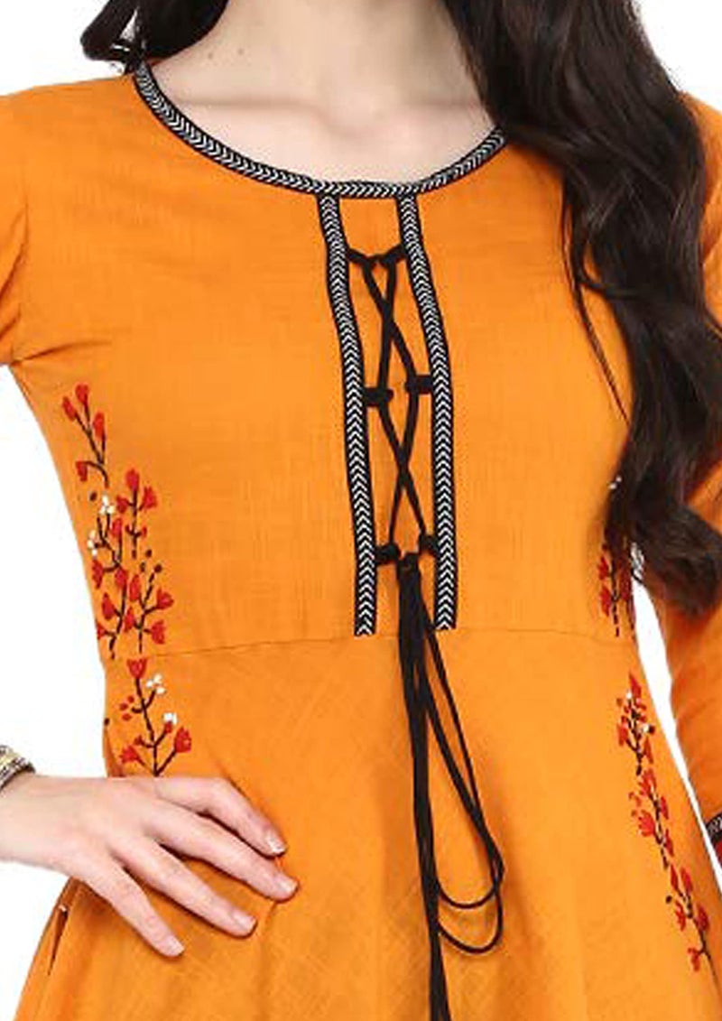 Yash Gallery Women's Cotton Slub Embroidered 3/4 Sleeve Round Neck Anarkali Kurtis (US, Alpha, X-Large, Regular, Regular, Mustard) - Image 3